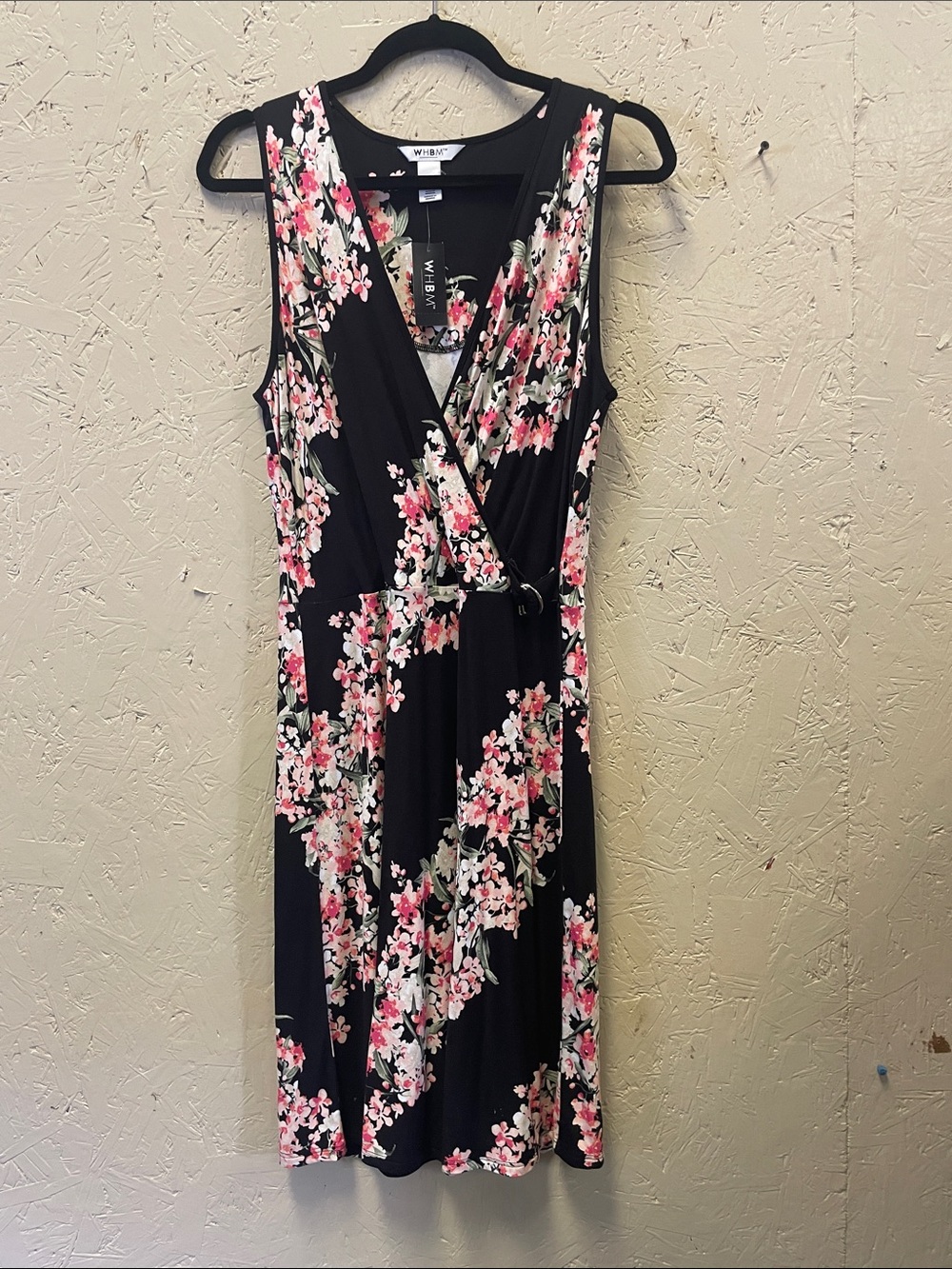 White House Black Market Black Midi Wrap Dress with Pink and White Floral Print